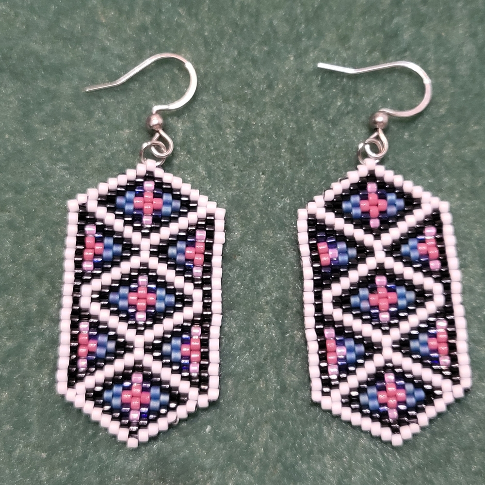 Handmade Geometric Beaded Earrings - Black, Blue, Pink
